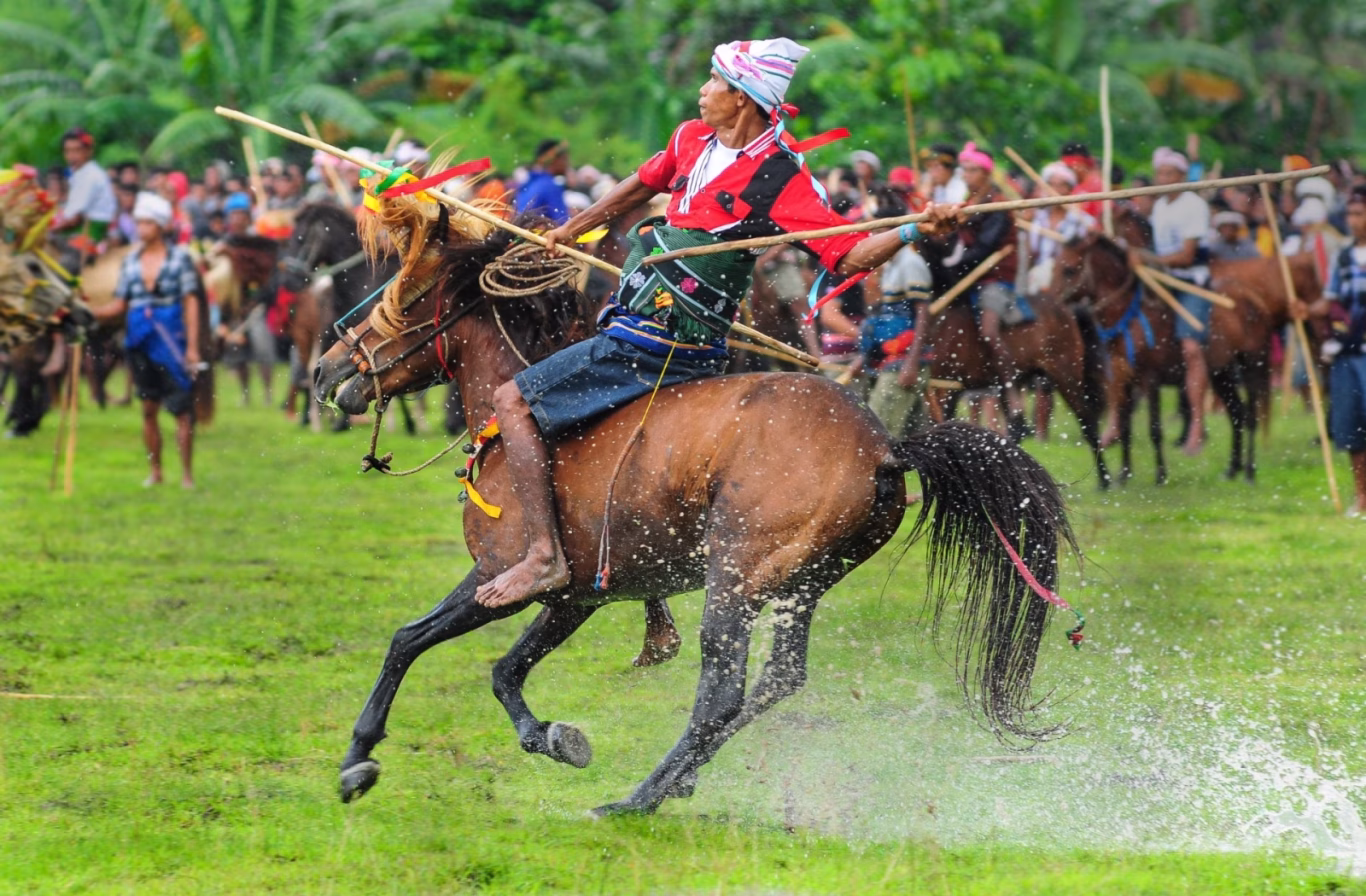 A traditionally dressed Sumba horseman rides bareback during the Wanokaka Pasola, with a crowd and green field in the background.