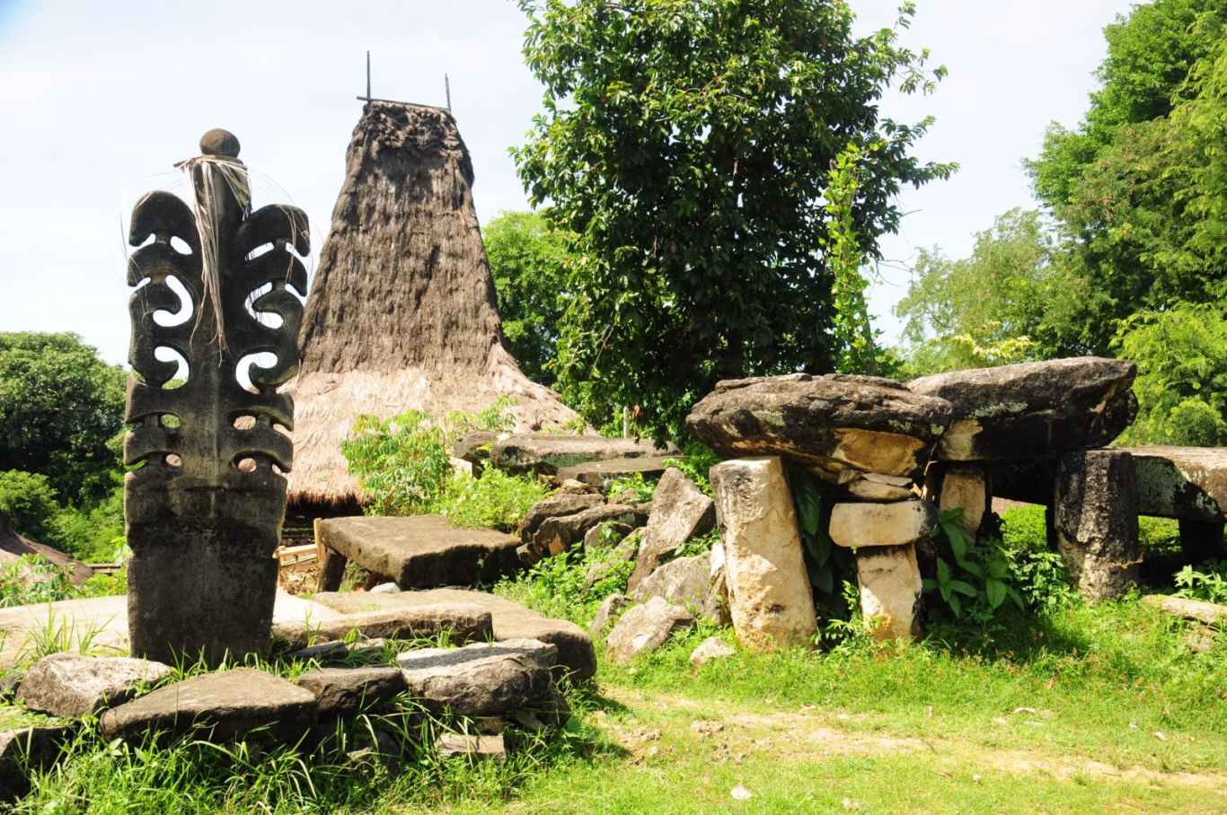 Traditional Sumba houses with thatched roofs, framed by a large tree and lush greenery under a cloudy sky. Day trips in Sumba.