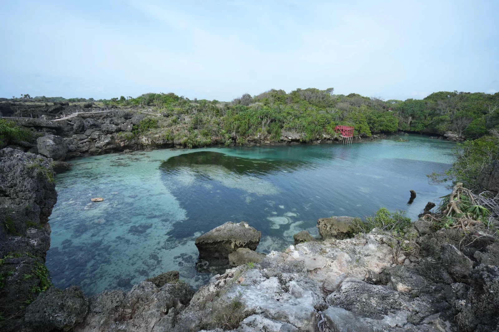 A lagoon with turquoise water is surrounded by rocky cliffs and green vegetation under a light blue sky.