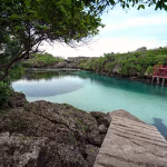 Clear turquoise water is surrounded by lush green trees and rocky outcrops under a bright sky in Sumba, Indonesia. Day trips in Sumba.