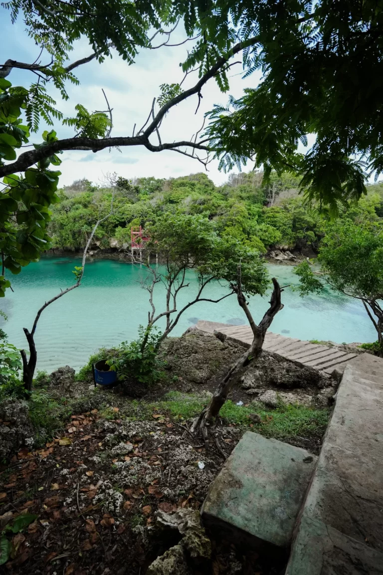 Turquoise water is framed by green trees and foliage, with a red structure visible in the background on Sumba Island.