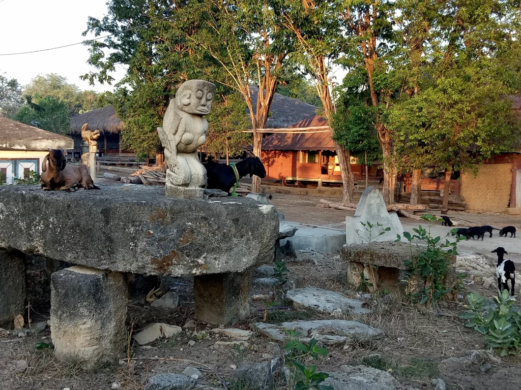 Sumba Island scene shows stone carvings, goats, and traditional houses with thatched roofs under trees in warm light. Villages in Sumba.