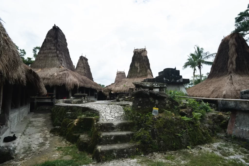 Sumba Island village shows traditional houses with tall, thatched roofs, stone pathways, and tropical greenery under a cloudy sky. Villages in Sumba.
