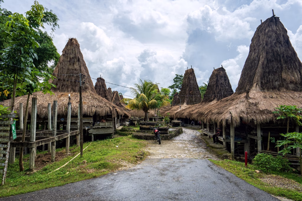 Sumba village shows traditional houses with high thatched roofs along a gray road, under a cloudy sky, surrounded by green trees.