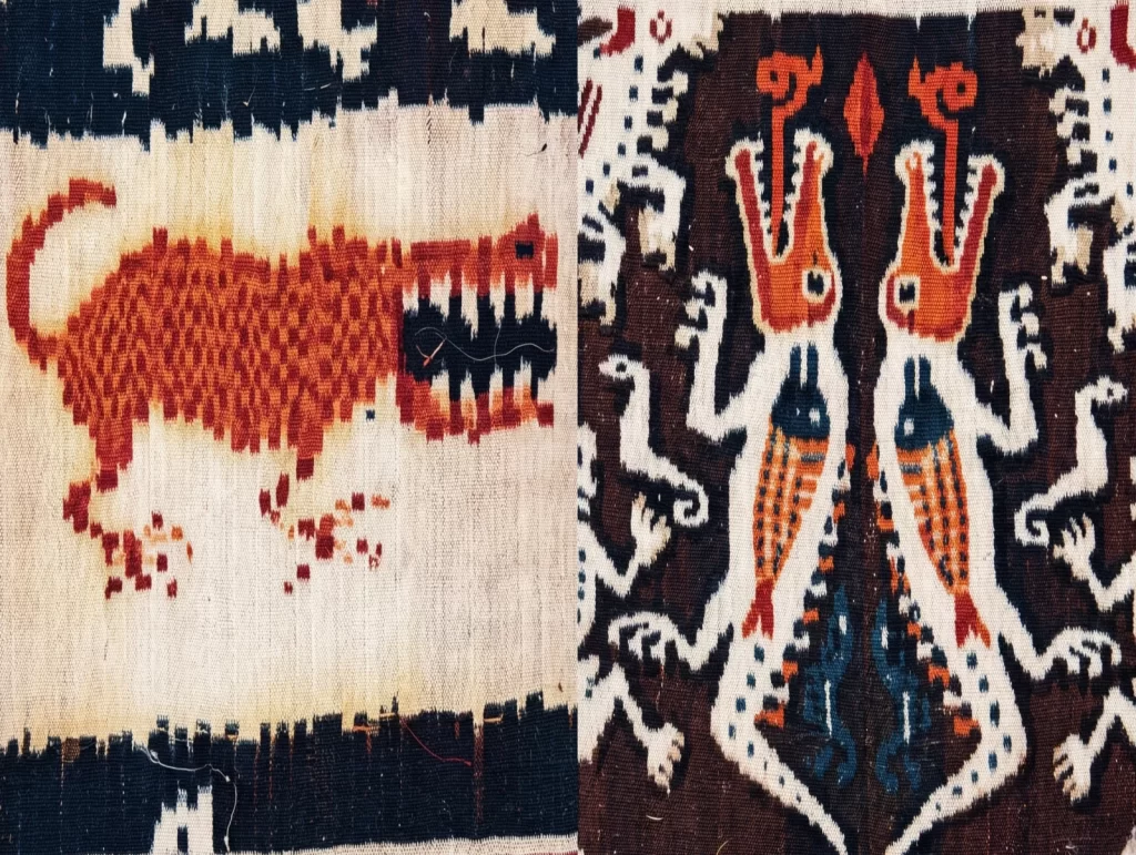 Two sections of woven textile show animal figures in orange, black, and white on a tan background. One figure is a crocodile.