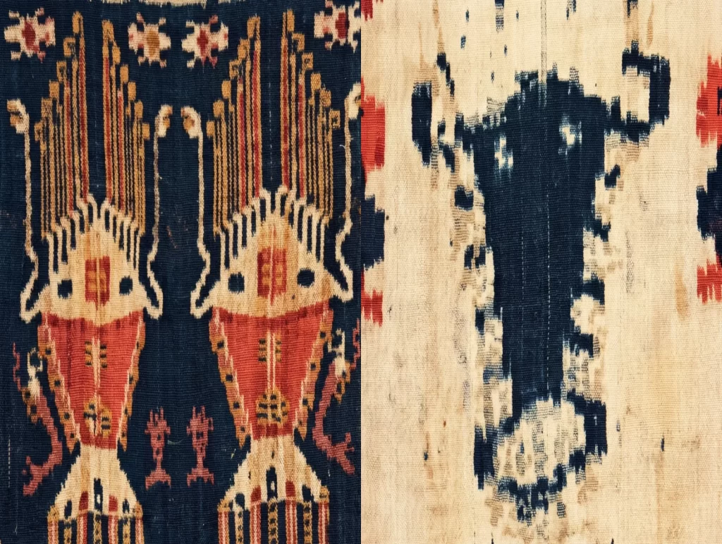 Close-up shows a handwoven textile with complex, symmetrical patterns in red, gold, and dark blue on one side, and a faded blue pattern on the other.