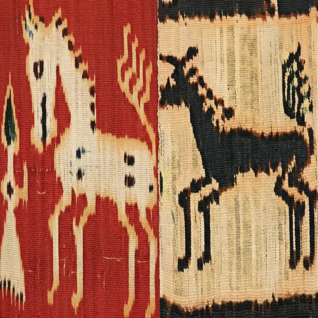 Two textiles show stylized horses: one white on red, the other black on beige, both with geometric patterns.