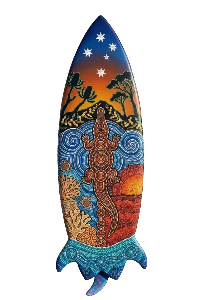 A surfboard is painted with an Aboriginal-style design featuring a crocodile, turtles, coral, sunset, and stars on a black background. Surfing in Sumba.