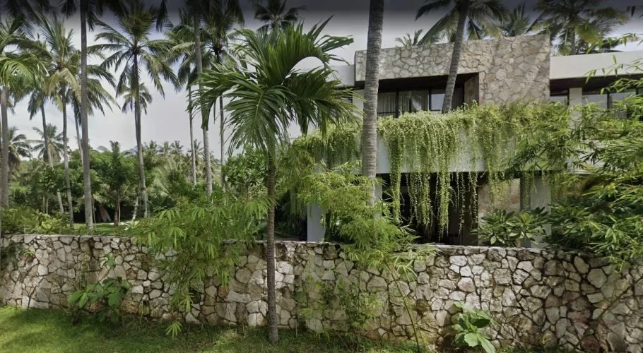 A modern stone and white building with cascading green vines stands amidst tall palm trees and lush tropical foliage, behind a low stone wall.