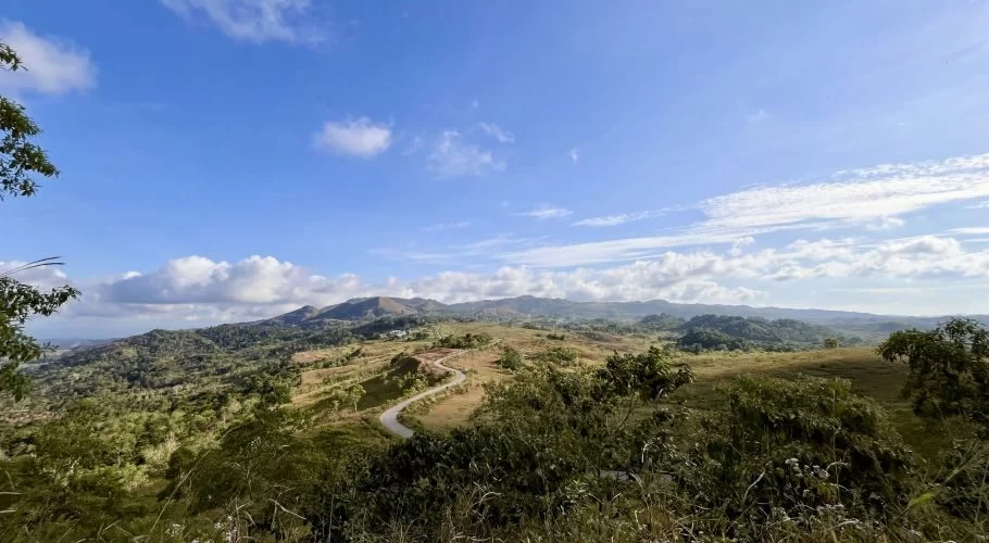 A winding road traverses green and golden savanna hills under a bright blue sky with scattered white clouds, with distant mountains on the horizon.