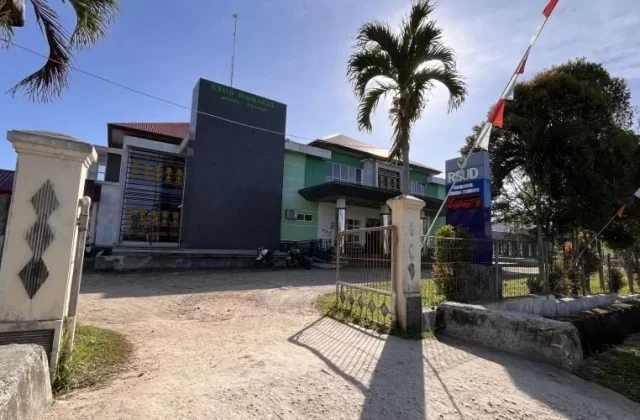 The Central Sumba Public Hospital building, with green and dark grey sections, stands under a clear blue sky, flanked by palm trees and Indonesian flags.
