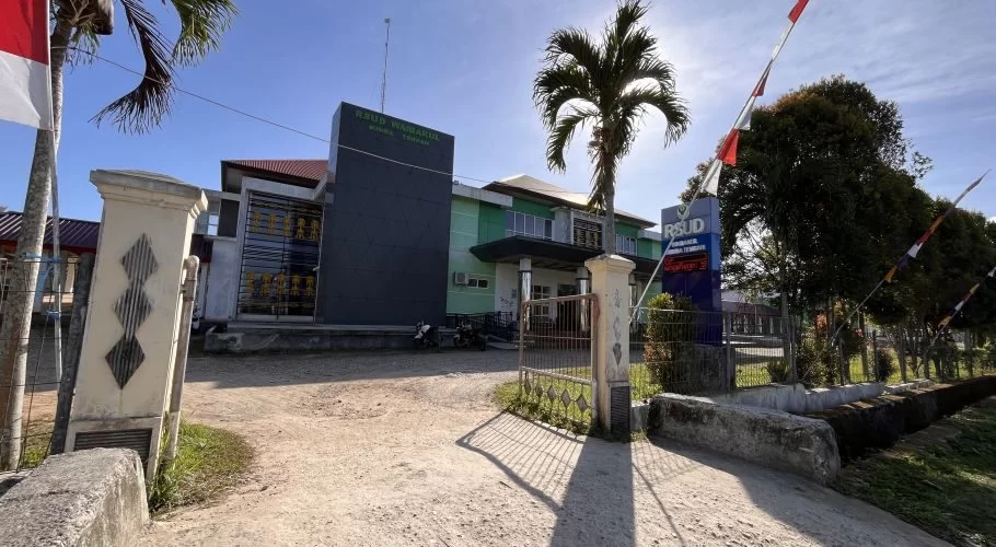 The Central Sumba Public Hospital building, with green and dark grey sections, stands under a clear blue sky, flanked by palm trees and Indonesian flags.