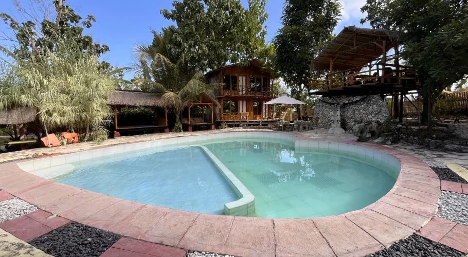 A light blue swimming pool with reddish-brown coping is surrounded by lush green trees, a two-story wooden building, and a thatched-roof treehouse under a clear blue sky.