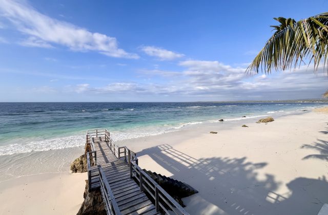 A wooden walkway descends to a pristine white sand beach with clear turquoise waters under a blue sky, framed by palm fronds and their shadows.