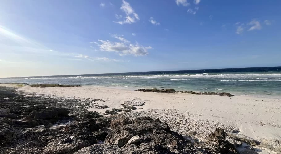 A wide white sand beach with dark rocky foreground meets turquoise and dark blue ocean waters under a bright blue sky with scattered clouds.