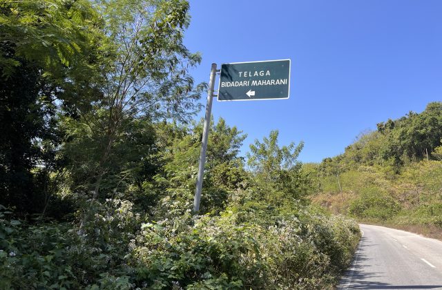 A dark green road sign with white text "TELAGA BIDADARI MAHARANI" and a left arrow stands amidst dense green foliage under a clear blue sky, next to a paved road.