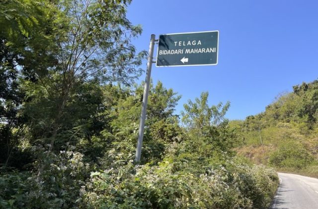 A dark green road sign with white text "TELAGA BIDADARI MAHARANI" and a left arrow stands amidst dense green foliage under a clear blue sky, next to a paved road.