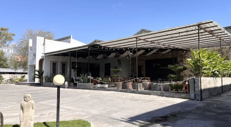 The modern white exterior of Local Tree Cafe & Eatery features an industrial-style outdoor seating area under a metal canopy on a sunny day.