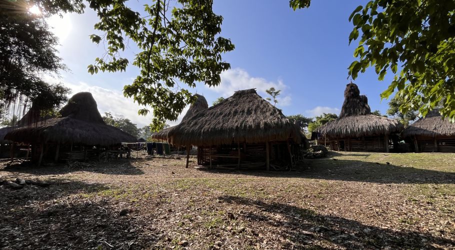 Traditional Sumba houses with tall, conical thatched roofs stand in Malisu Village under a bright blue sky, framed by green trees.