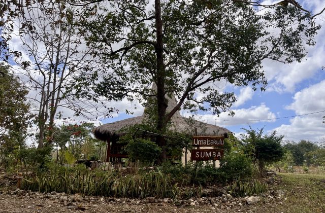 A traditional Sumba building with a thatched roof is behind a tree. A sign reads "Umabakulu SUMBA" amidst green plants under a cloudy sky.