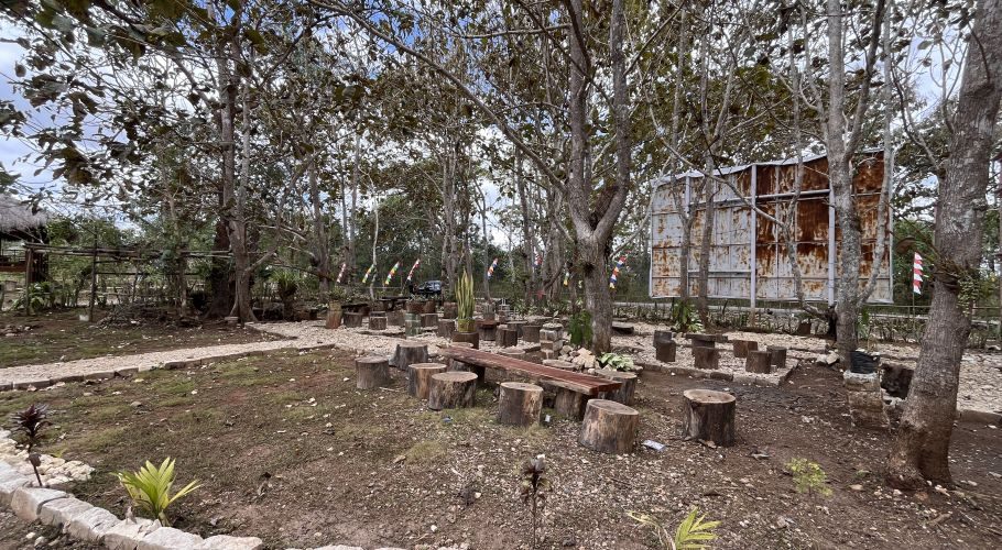 Visible is an outdoor relaxation area in Matalawa National Park, featuring tree stump seating, a wooden bench, and gravel paths under a canopy of trees with sparse foliage, all under an overcast sky.
