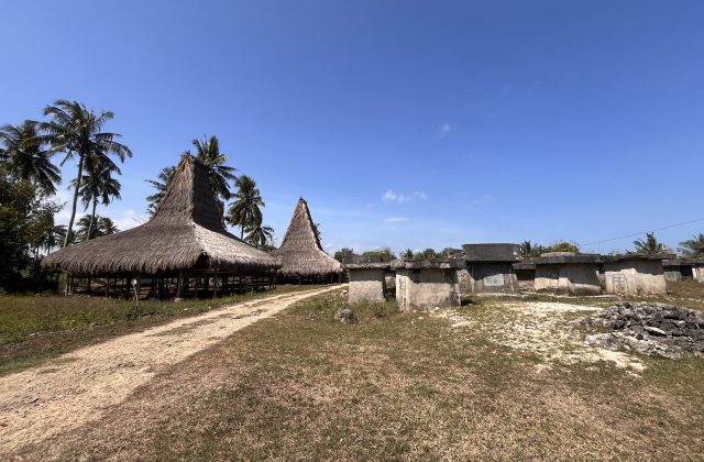 Two traditional Sumba houses with tall thatched roofs stand beside a dirt path, leading past large stone graves under a clear blue sky.