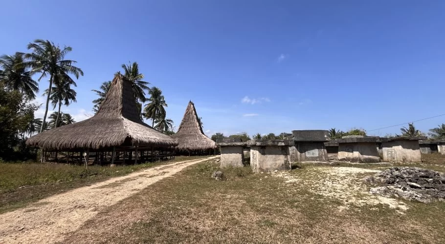 Two traditional Sumba houses with tall thatched roofs stand beside a dirt path, leading past large stone graves under a clear blue sky.