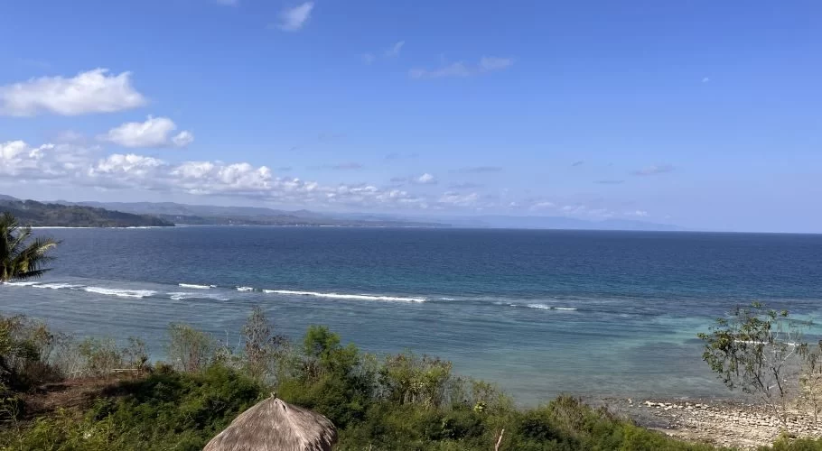 A panoramic view of the deep blue ocean with turquoise shallows and white waves breaking near a green, hilly coastline under a bright blue sky with scattered white clouds.