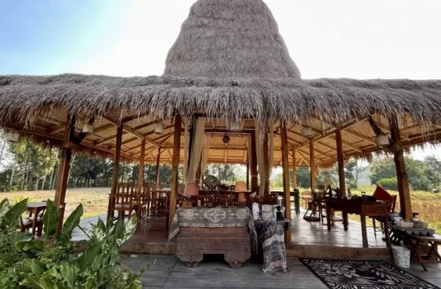 A large open-air restaurant pavilion with a prominent thatched roof and wooden structure overlooks green rice fields and distant trees under a bright sky.