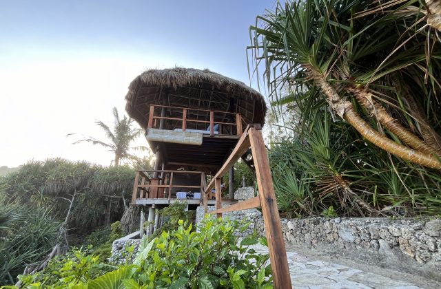 A two-story, open-air spa structure with a thatched roof stands among lush green tropical foliage under a bright sky.