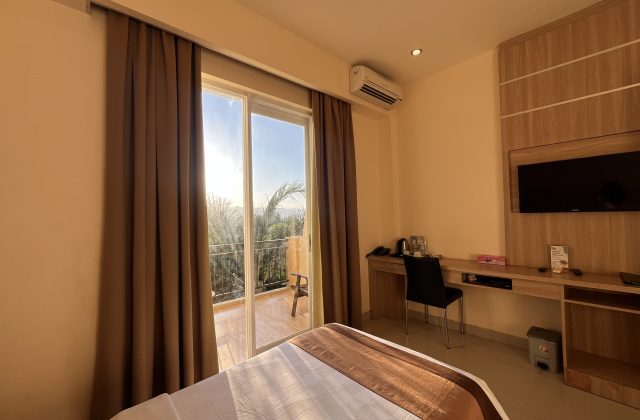 A modern guest room at Padadita Beach Hotel features a bed, desk, wall-mounted TV, and sliding glass doors to a balcony overlooking palm trees under a bright sky.