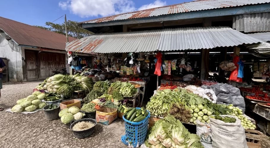 Piles of fresh green vegetables and red tomatoes are displayed at a bustling traditional market stall with a corrugated metal roof under a blue sky.