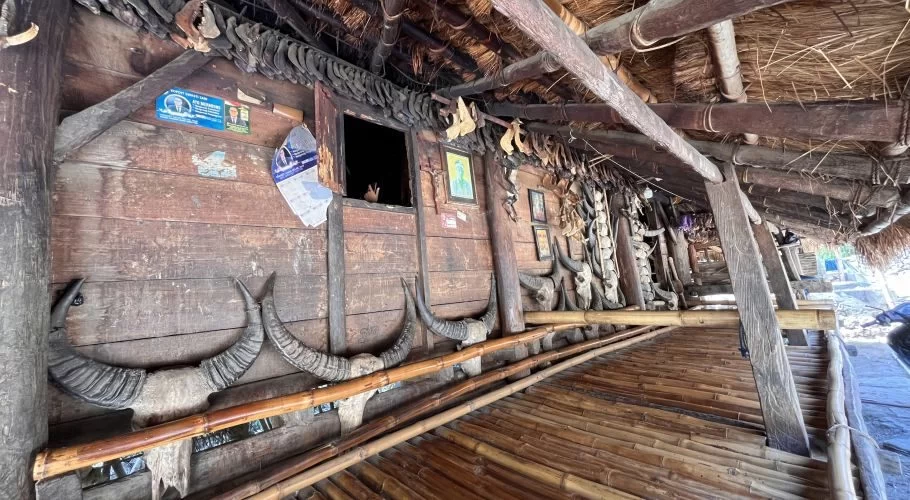 A weathered wooden house wall in Prai Goli Village is adorned with numerous dark buffalo horns and skulls, beneath a thatched roof and above a bamboo walkway.