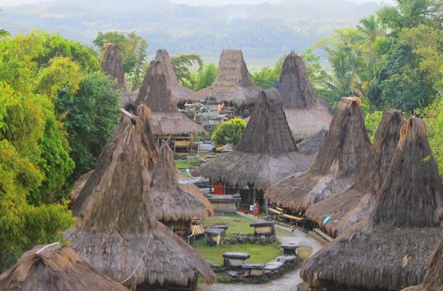 Prai Ijing traditional village in Sumba, Indonesia, shows many conical thatched-roof houses and stone megaliths amidst green trees.