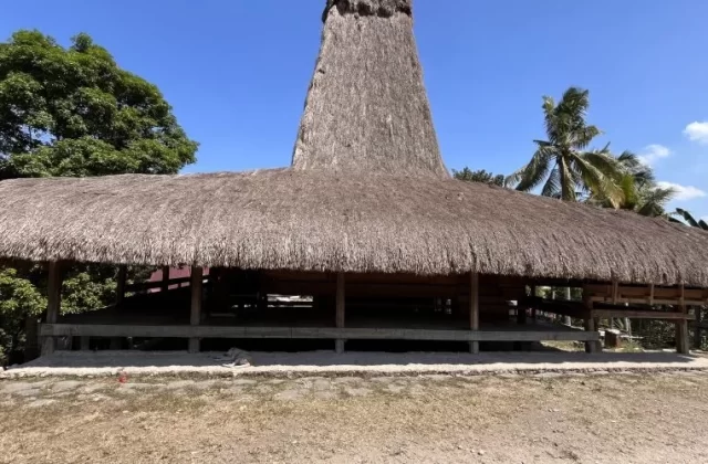 A traditional Sumba house with a distinctive tall, conical thatched roof and a wide lower thatched section stands under a clear blue sky.