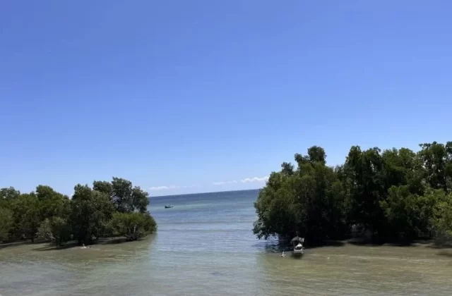 Lush green mangrove trees line a calm, shallow waterway with two small boats, leading to a clear blue ocean under a bright sky.