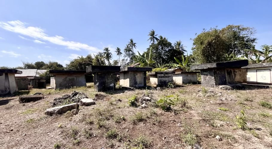 Several large, rectangular stone traditional graves are scattered across a dry, grassy field under a clear blue sky, with palm trees and village buildings in the background.