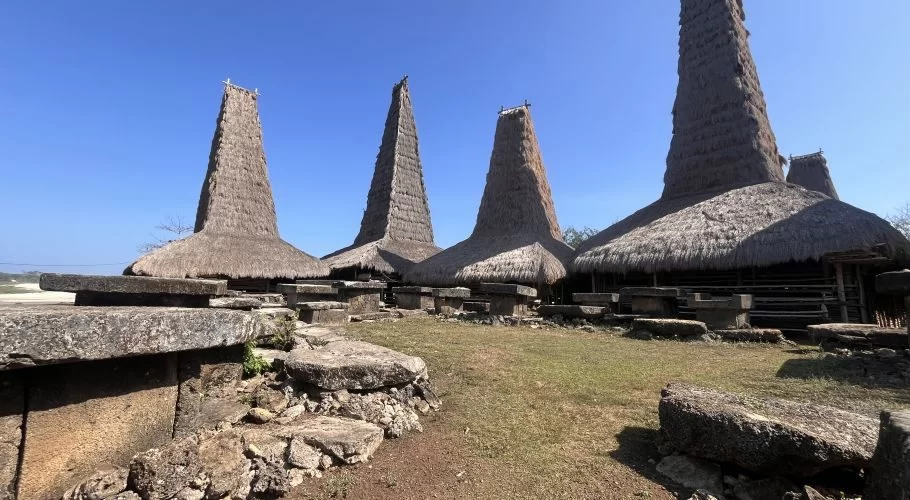 Several traditional houses with tall, conical thatched roofs stand among large stone tombs on a grassy ground under a clear blue sky.