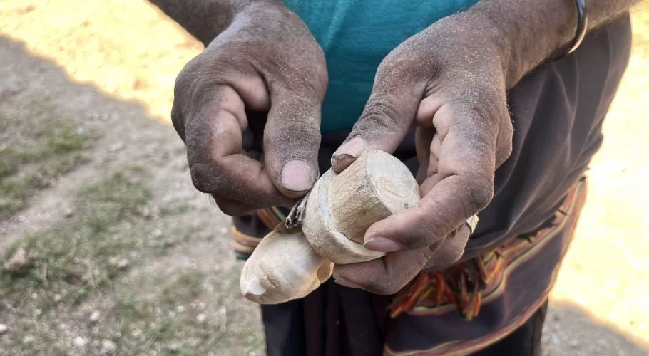 Dusty hands of a craftsman in a blue-green shirt and patterned sarong carve a light wooden object with a small tool outdoors.