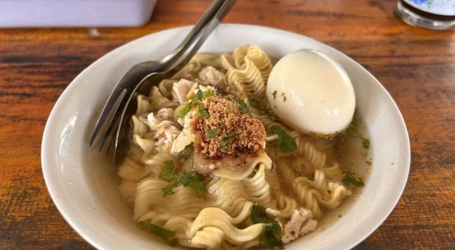 A white bowl of clear noodle soup with shredded chicken, a whole boiled egg, green herbs, and brown seasoning sits on a wooden table with a fork.