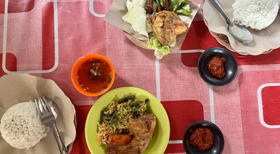 Fried chicken, rice, noodles, sambal, and soup are displayed on a red and white checkered tablecloth, ready to be eaten.