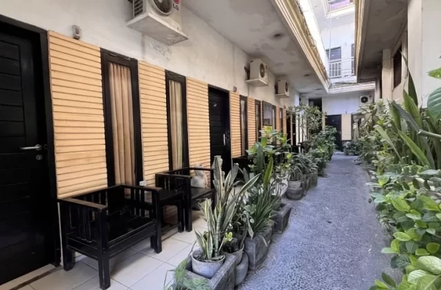 A narrow outdoor corridor at Sacca Residence homestay features black doors, light brown walls, green potted plants, and wooden benches.