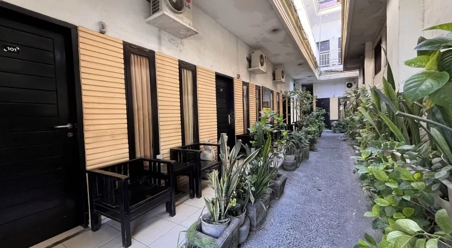 A narrow outdoor corridor at Sacca Residence homestay features black doors, light brown walls, green potted plants, and wooden benches.