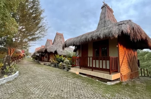 A row of traditional Sumba villas with tall thatched roofs lines a paved path, surrounded by green trees and grass under a cloudy sky.