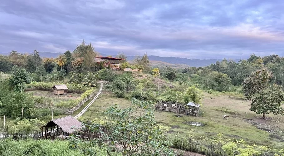A panoramic view of Sinar Tambolaka Villa shows traditional huts, fenced animal enclosures, and lush green trees on rolling hills under a cloudy sky.