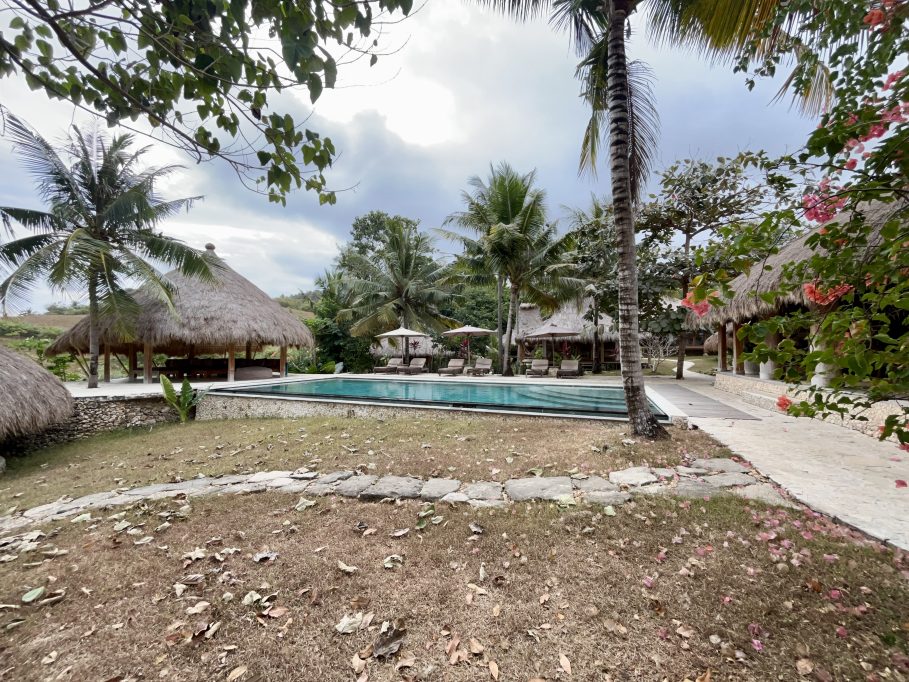 A blue outdoor swimming pool with sun loungers is surrounded by thatched-roof bungalows and green palm trees on a hillside.