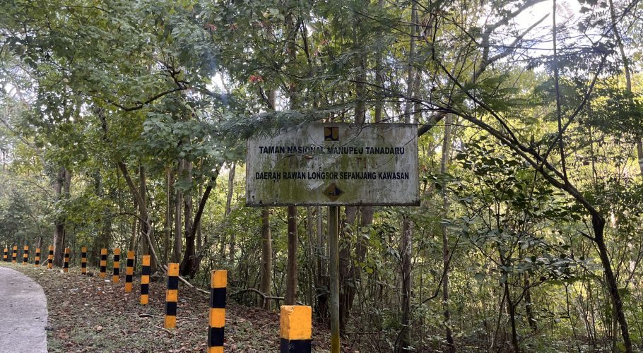 A weathered sign for Manupeu Tanadaru National Park stands amidst dense green forest, with a paved road and yellow and black striped posts on the left.