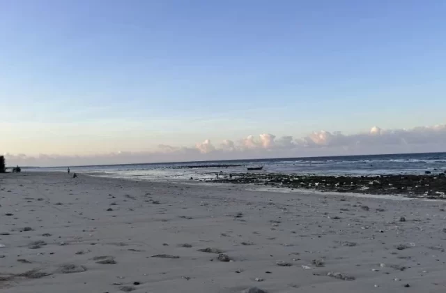 A wide, light-sandy beach stretches towards a calm blue ocean with a small boat, bordered by dark green trees and a clear sky with scattered clouds.