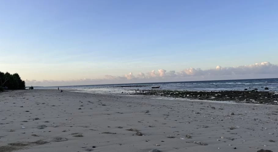A wide, light-sandy beach stretches towards a calm blue ocean with a small boat, bordered by dark green trees and a clear sky with scattered clouds.