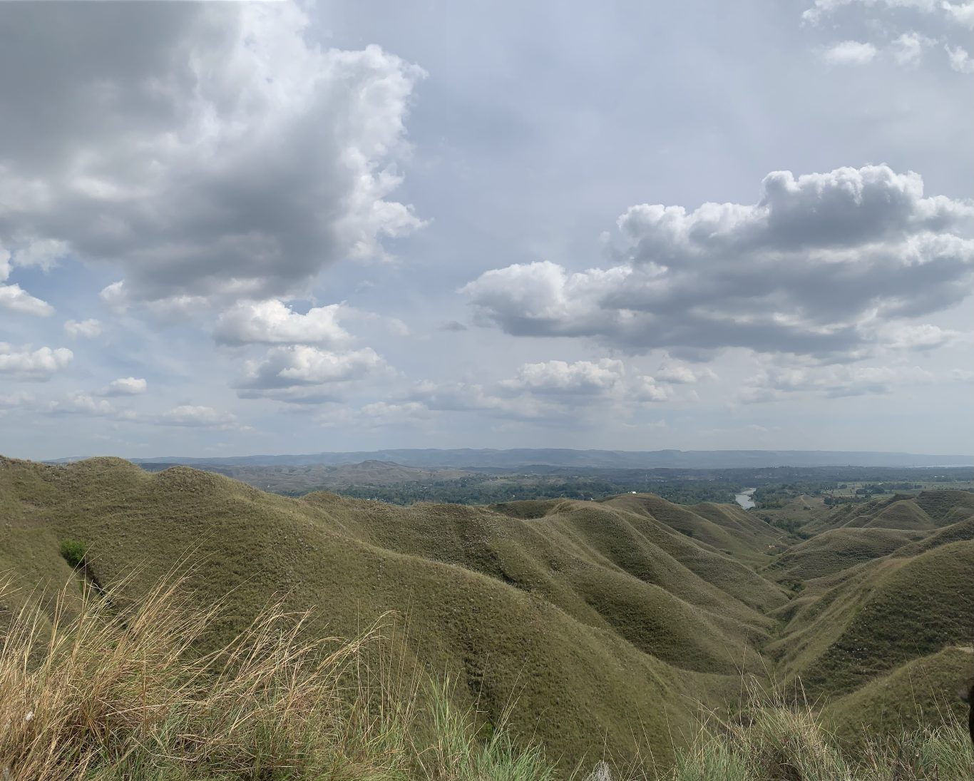 Vast rolling hills covered in dry, light brown grass stretch under a cloudy sky, with a distant valley and river visible.